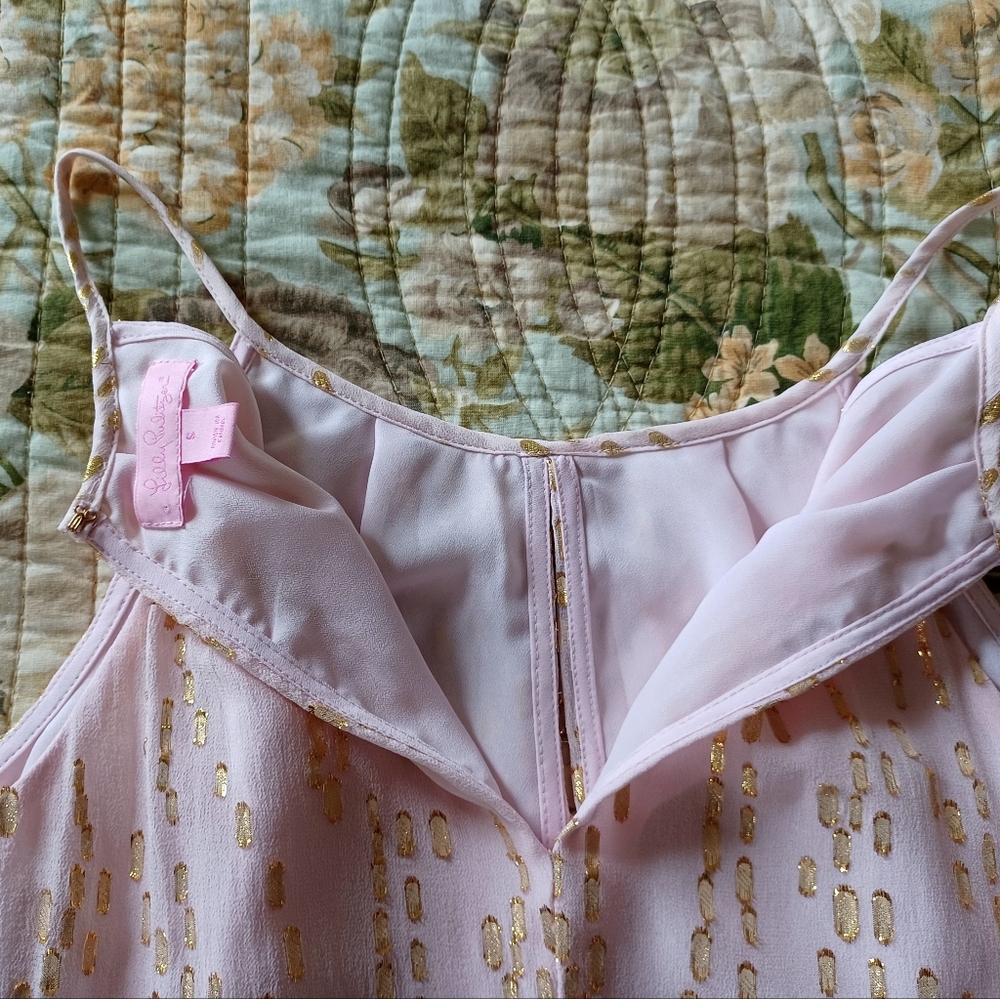 Lilly Pulitzer Silk Pink Tank Top with Gold Foil Spots, Size XS/S - Picture 9 of 16